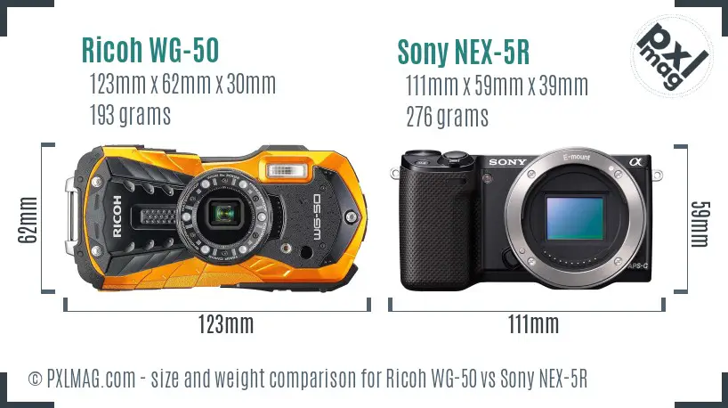 Ricoh WG-50 vs Sony NEX-5R size comparison