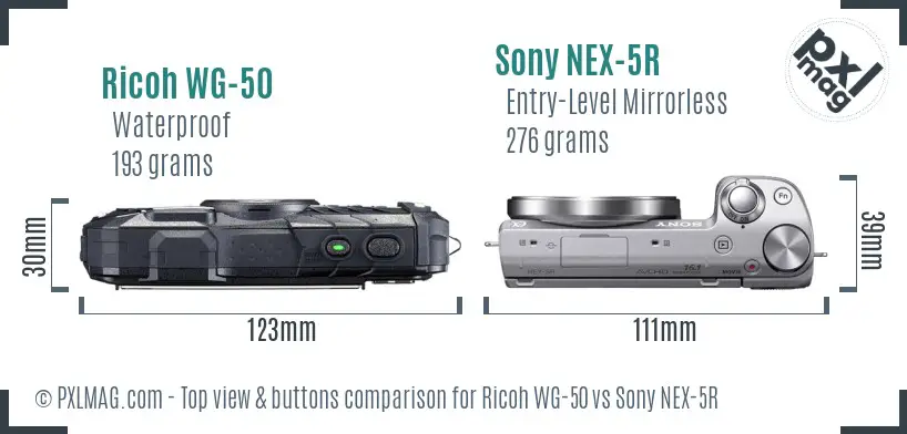 Ricoh WG-50 vs Sony NEX-5R top view buttons comparison