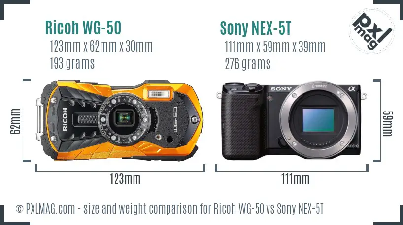 Ricoh WG-50 vs Sony NEX-5T size comparison