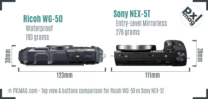 Ricoh WG-50 vs Sony NEX-5T top view buttons comparison