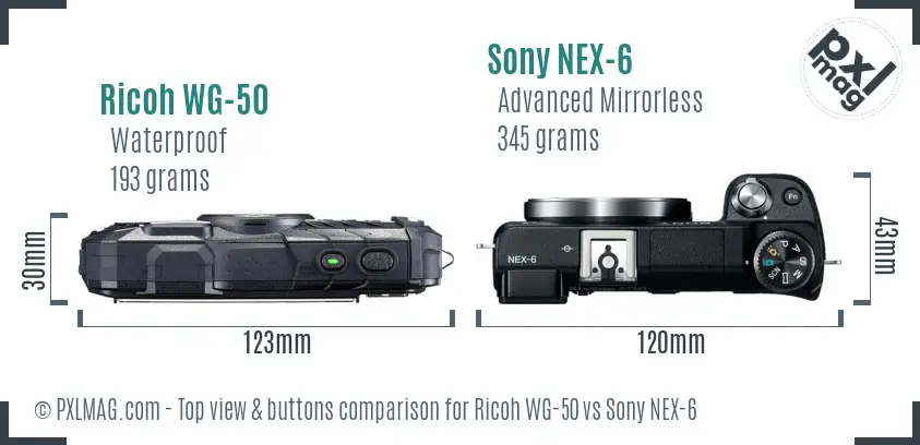 Ricoh WG-50 vs Sony NEX-6 top view buttons comparison