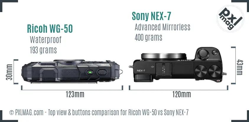 Ricoh WG-50 vs Sony NEX-7 top view buttons comparison