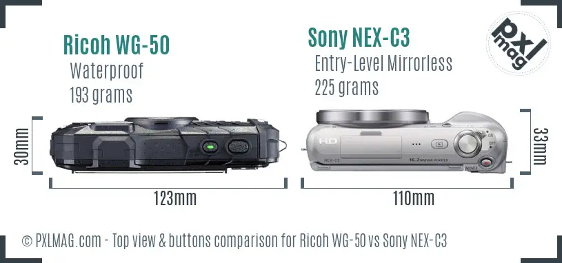Ricoh WG-50 vs Sony NEX-C3 top view buttons comparison Ricoh WG-50 vs Sony NEX-C3 top view buttons comparison