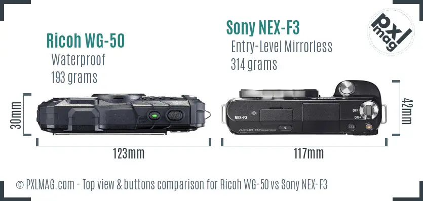 Ricoh WG-50 vs Sony NEX-F3 top view buttons comparison