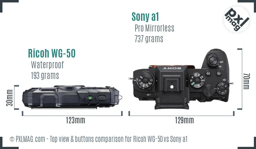 Ricoh WG-50 vs Sony a1 top view buttons comparison