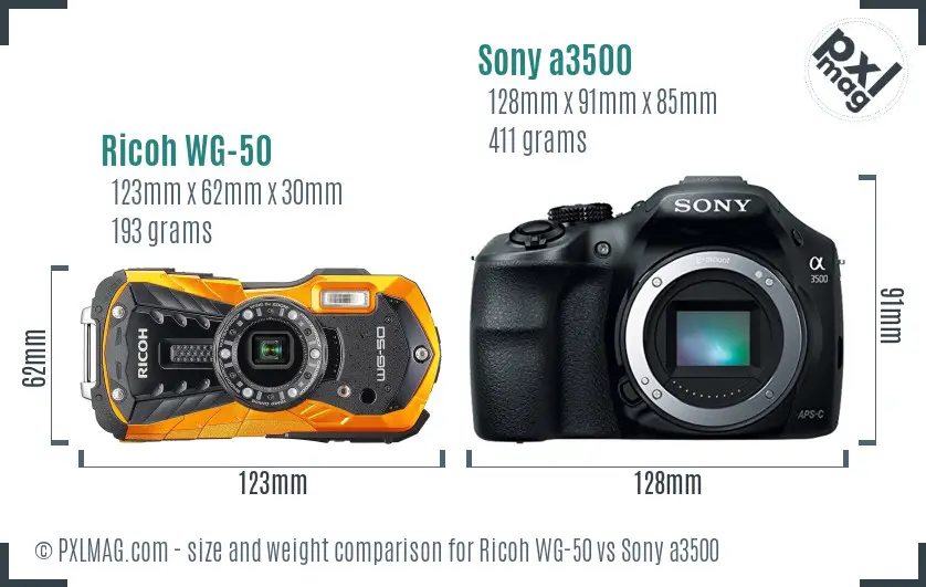 Ricoh WG-50 vs Sony a3500 size comparison