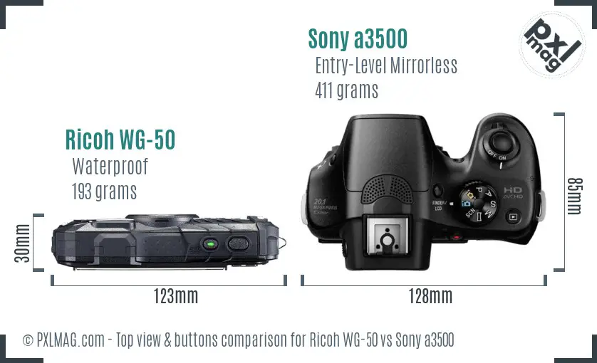 Ricoh WG-50 vs Sony a3500 top view buttons comparison