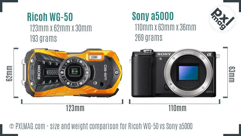 Ricoh WG-50 vs Sony a5000 size comparison