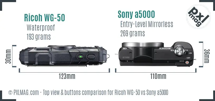 Ricoh WG-50 vs Sony a5000 top view buttons comparison