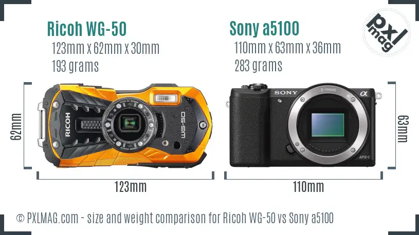 Ricoh WG-50 vs Sony a5100 size comparison