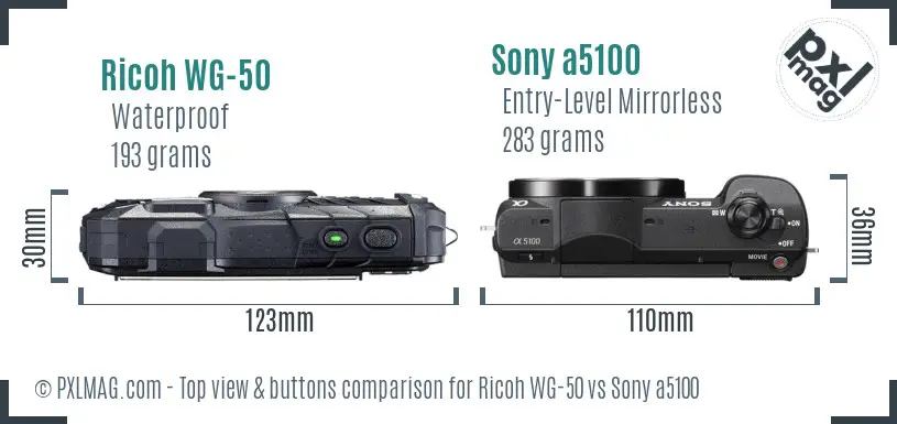 Ricoh WG-50 vs Sony a5100 top view buttons comparison
