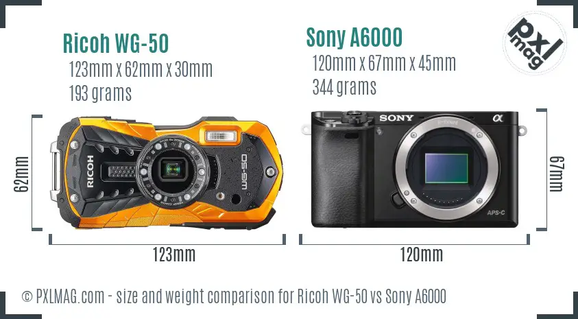 Ricoh WG-50 vs Sony A6000 size comparison