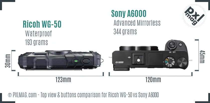 Ricoh WG-50 vs Sony A6000 top view buttons comparison