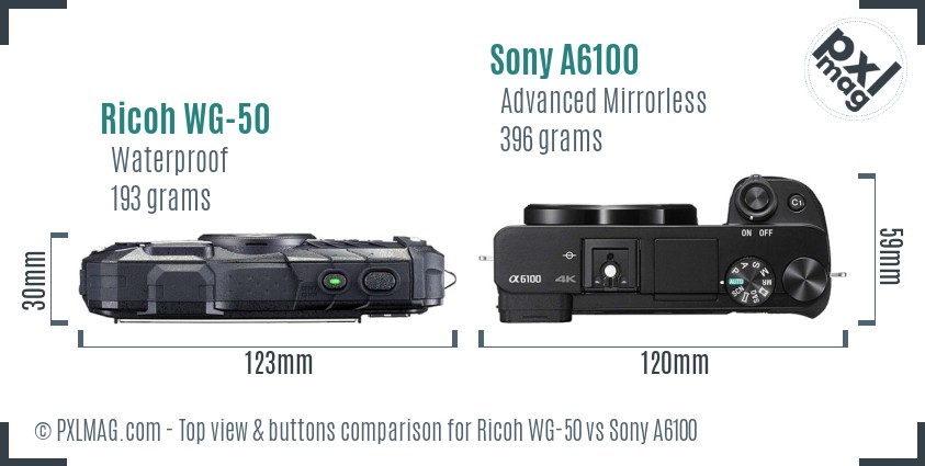 Ricoh WG-50 vs Sony A6100 top view buttons comparison