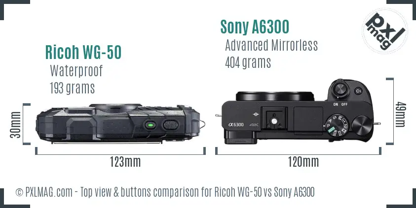 Ricoh WG-50 vs Sony A6300 top view buttons comparison