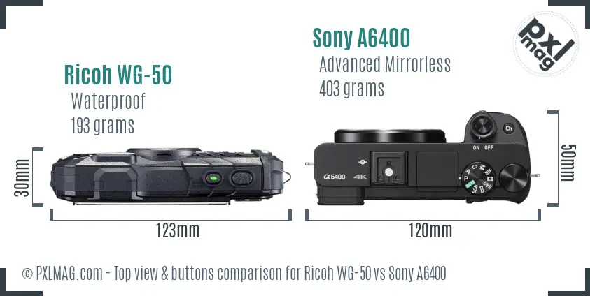 Ricoh WG-50 vs Sony A6400 top view buttons comparison