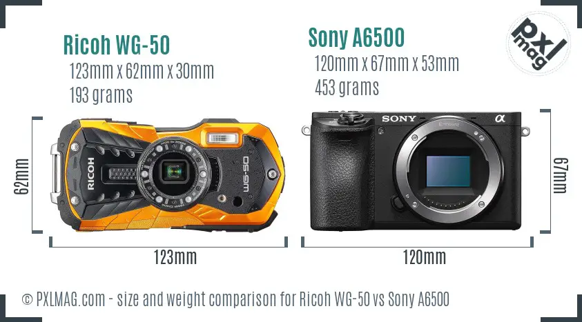 Ricoh WG-50 vs Sony A6500 size comparison