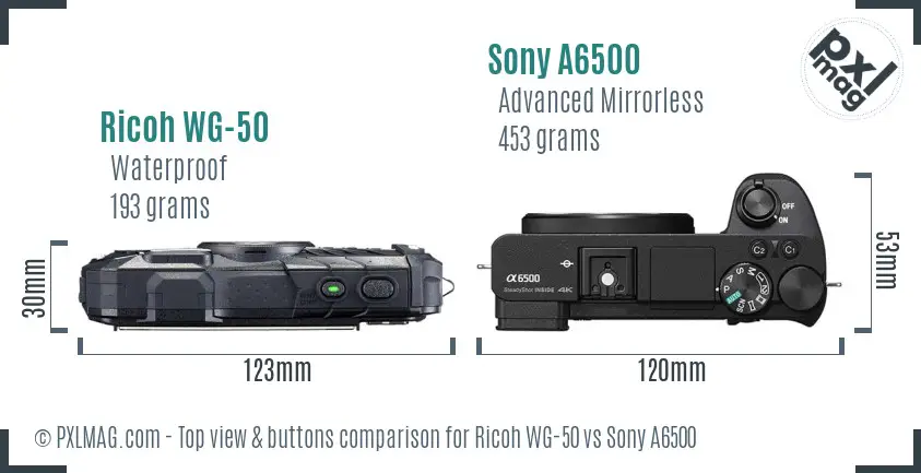 Ricoh WG-50 vs Sony A6500 top view buttons comparison