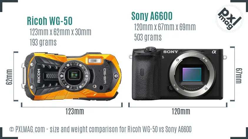 Ricoh WG-50 vs Sony A6600 size comparison
