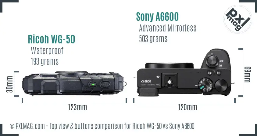 Ricoh WG-50 vs Sony A6600 top view buttons comparison