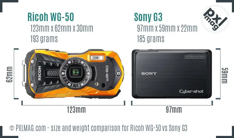 Ricoh WG-50 vs Sony G3 size comparison