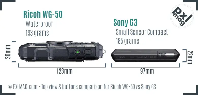 Ricoh WG-50 vs Sony G3 top view buttons comparison
