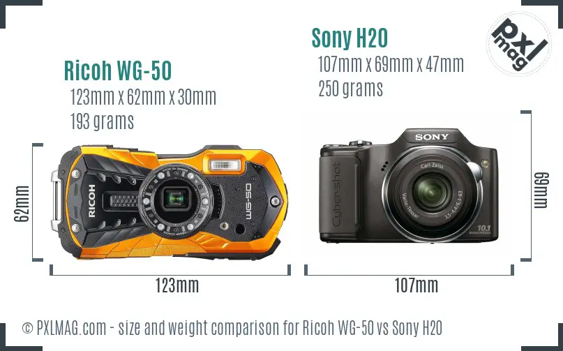 Ricoh WG-50 vs Sony H20 size comparison