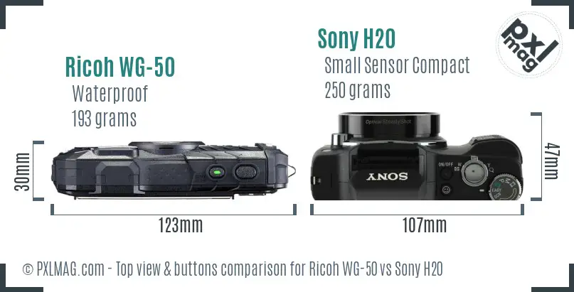 Ricoh WG-50 vs Sony H20 top view buttons comparison