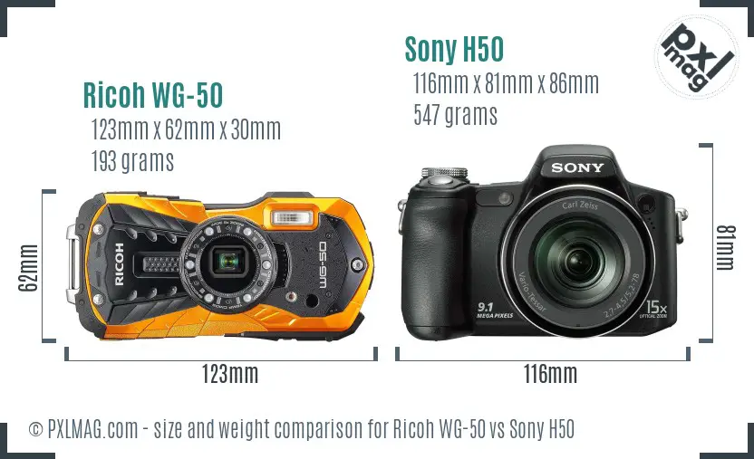 Ricoh WG-50 vs Sony H50 size comparison