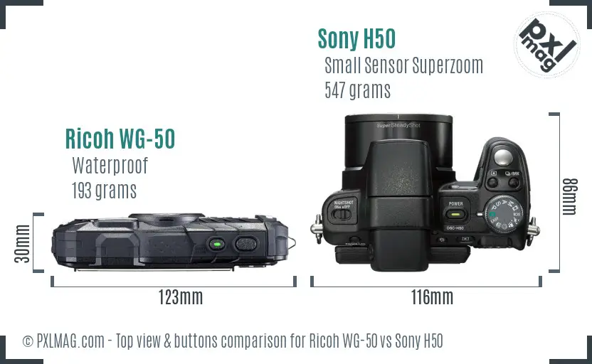 Ricoh WG-50 vs Sony H50 top view buttons comparison