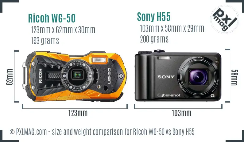 Ricoh WG-50 vs Sony H55 size comparison