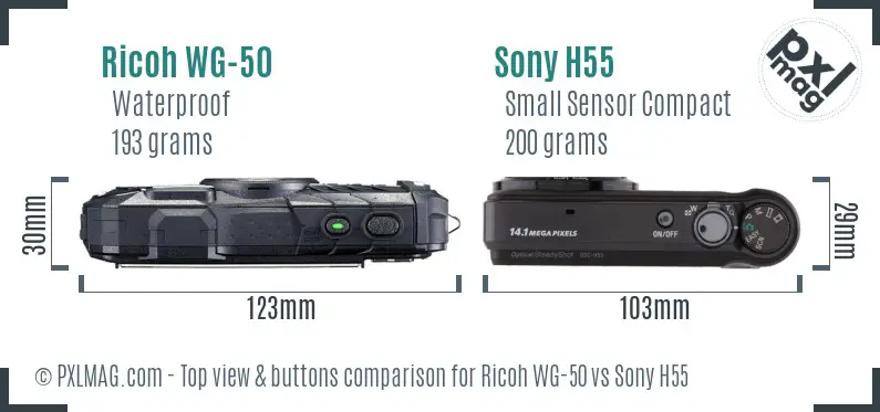 Ricoh WG-50 vs Sony H55 top view buttons comparison