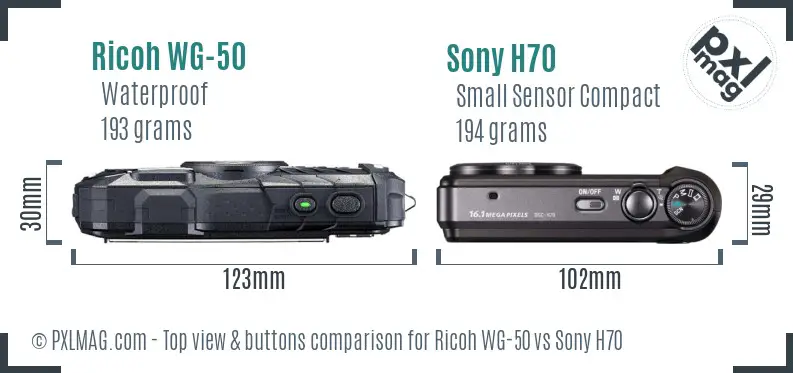 Ricoh WG-50 vs Sony H70 top view buttons comparison Ricoh WG-50 vs Sony H70 top view buttons comparison