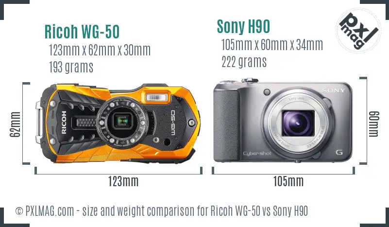 Ricoh WG-50 vs Sony H90 size comparison