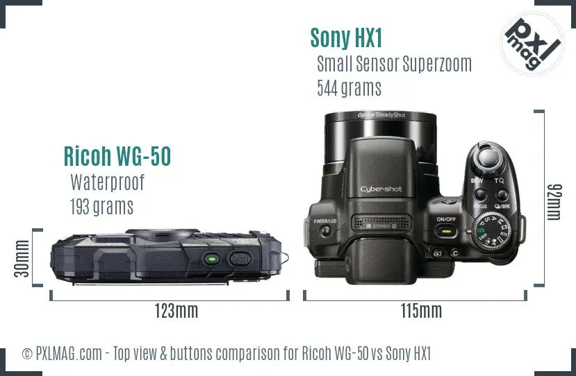 Ricoh WG-50 vs Sony HX1 top view buttons comparison