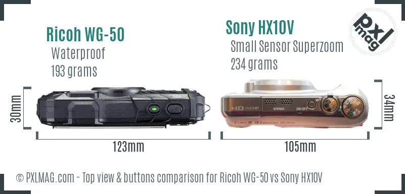 Ricoh WG-50 vs Sony HX10V top view buttons comparison
