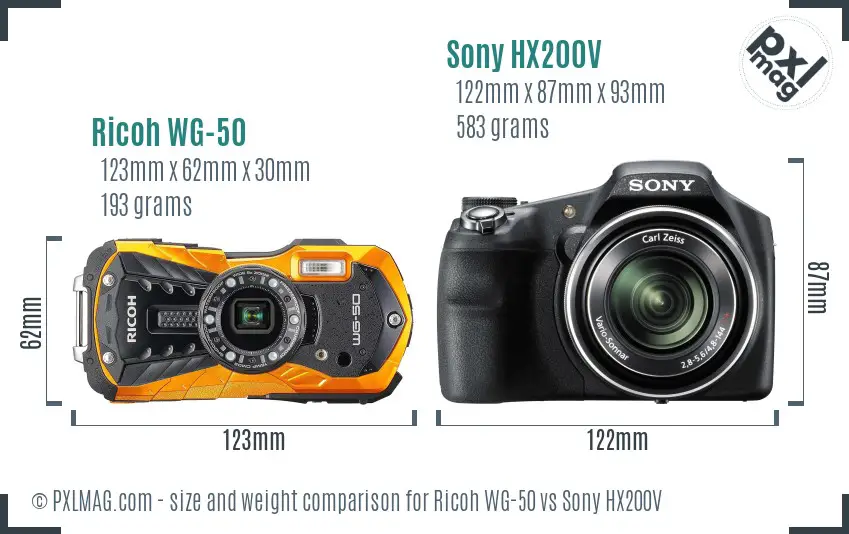 Ricoh WG-50 vs Sony HX200V size comparison