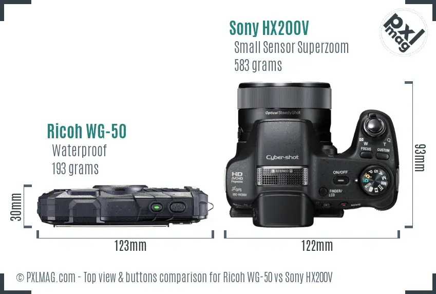 Ricoh WG-50 vs Sony HX200V top view buttons comparison