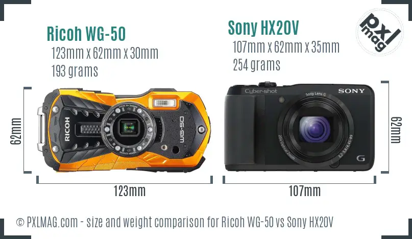 Ricoh WG-50 vs Sony HX20V size comparison