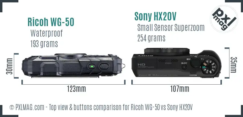Ricoh WG-50 vs Sony HX20V top view buttons comparison