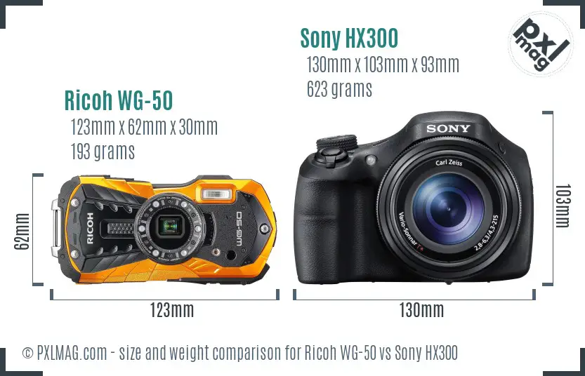 Ricoh WG-50 vs Sony HX300 size comparison