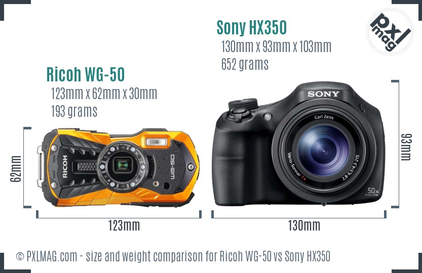 Ricoh WG-50 vs Sony HX350 size comparison