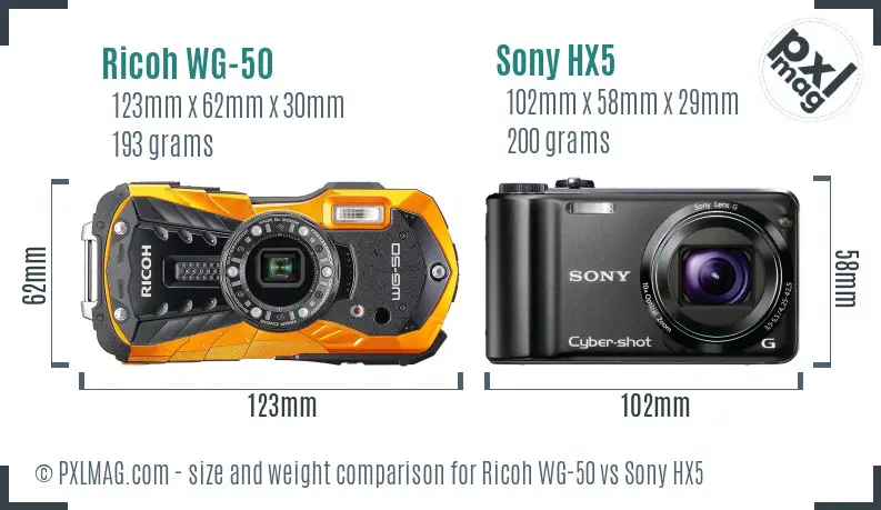 Ricoh WG-50 vs Sony HX5 size comparison