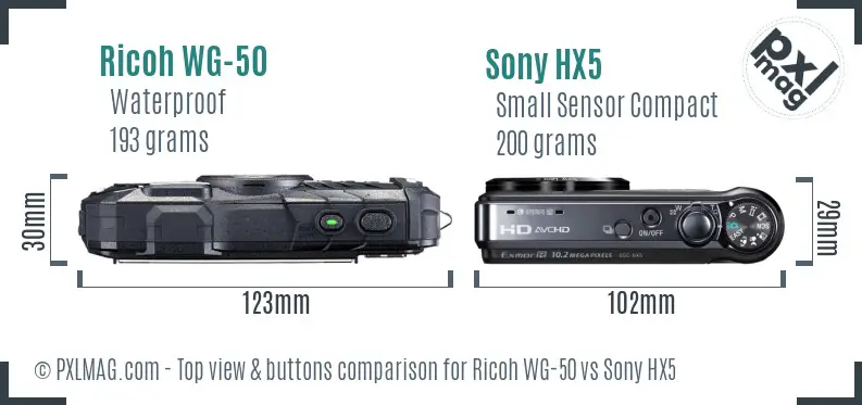 Ricoh WG-50 vs Sony HX5 top view buttons comparison