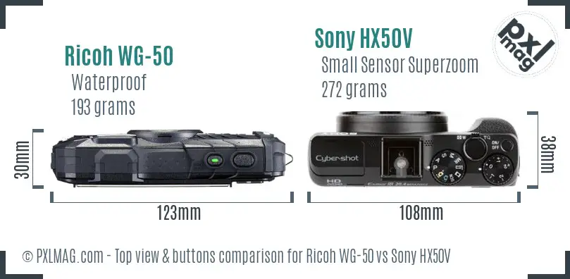 Ricoh WG-50 vs Sony HX50V top view buttons comparison