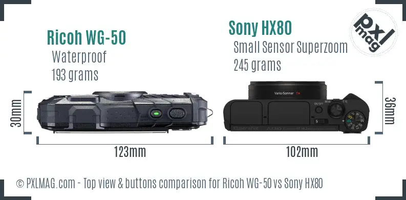 Ricoh WG-50 vs Sony HX80 top view buttons comparison