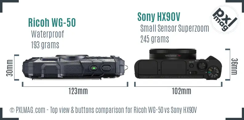 Ricoh WG-50 vs Sony HX90V top view buttons comparison