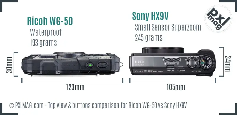 Ricoh WG-50 vs Sony HX9V top view buttons comparison