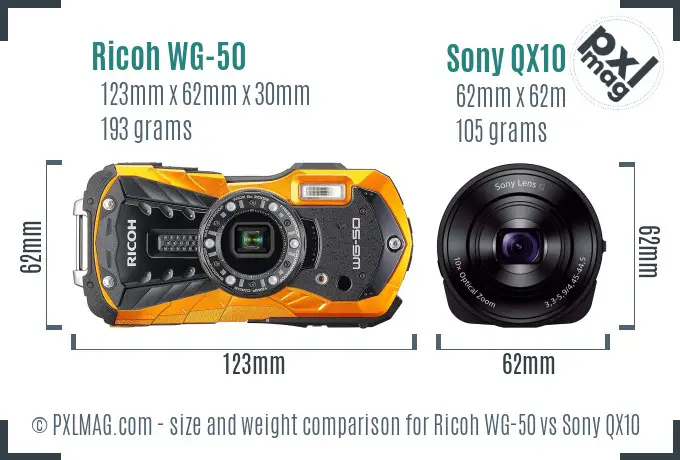 Ricoh WG-50 vs Sony QX10 size comparison