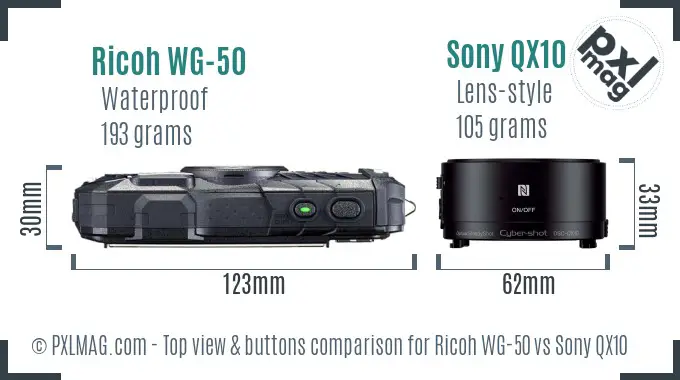 Ricoh WG-50 vs Sony QX10 top view buttons comparison